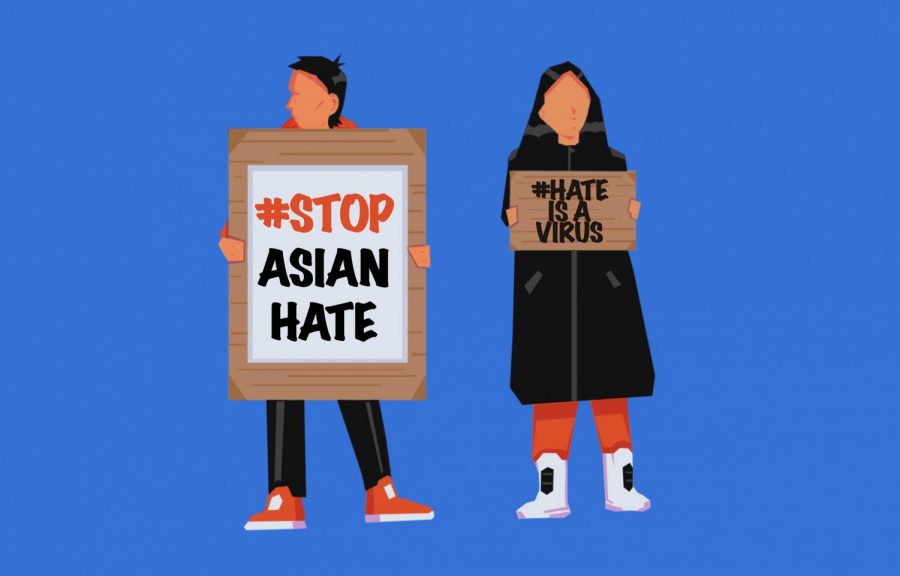 Two protesters drawn with signs reading #stopasianhate and #hateisavirus, trending social media hashtags on the topic of violence towards Asian Americans.