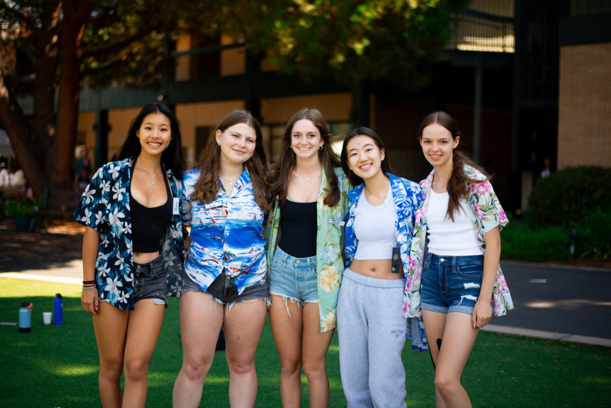 Sophomores wear “Trader Joe’s” Hawaiian shirts (From left to right: Jiwoo Oh, Aria Feitelberg, Juliet Schmeltzer, Rianne Sok, Fiona Wiley).