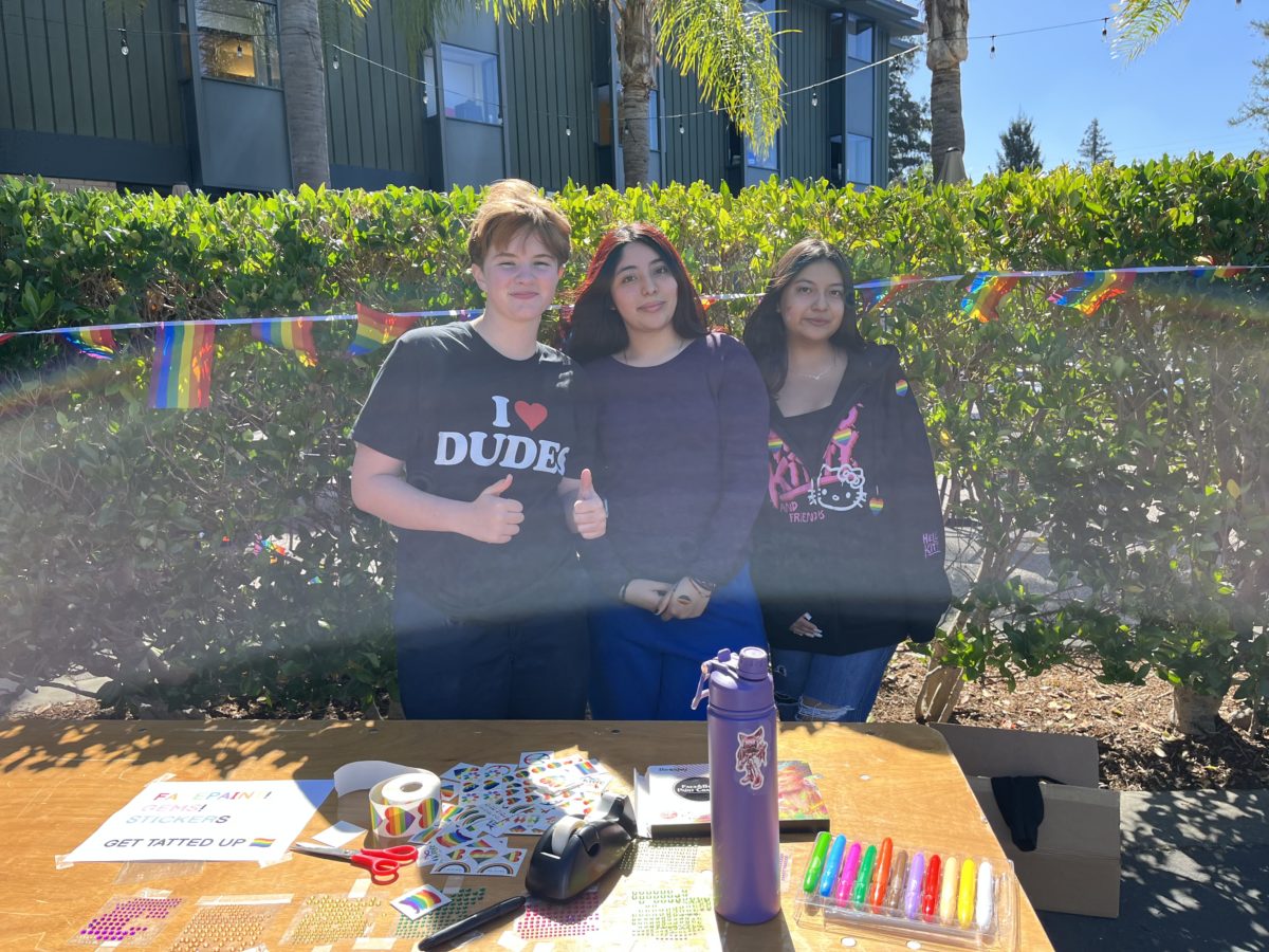 Noelle Madden 25, Jackie Caballero 25 and Briana Perez 25 gave out pride-themed stickers during lunch to celebrate National Coming Out Day.