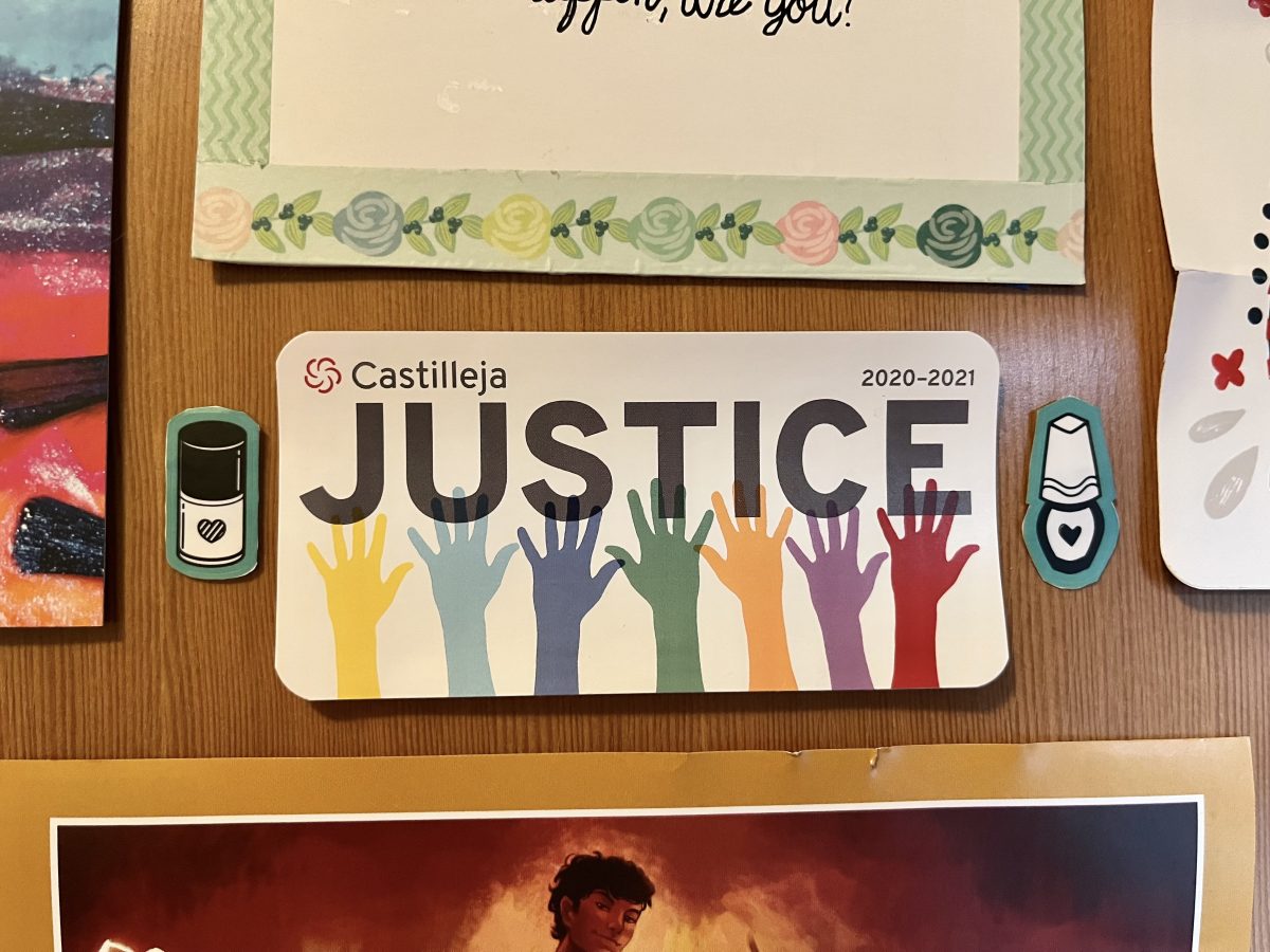A photo including Castilleja’s 2020-21 sticker with the theme Justice.