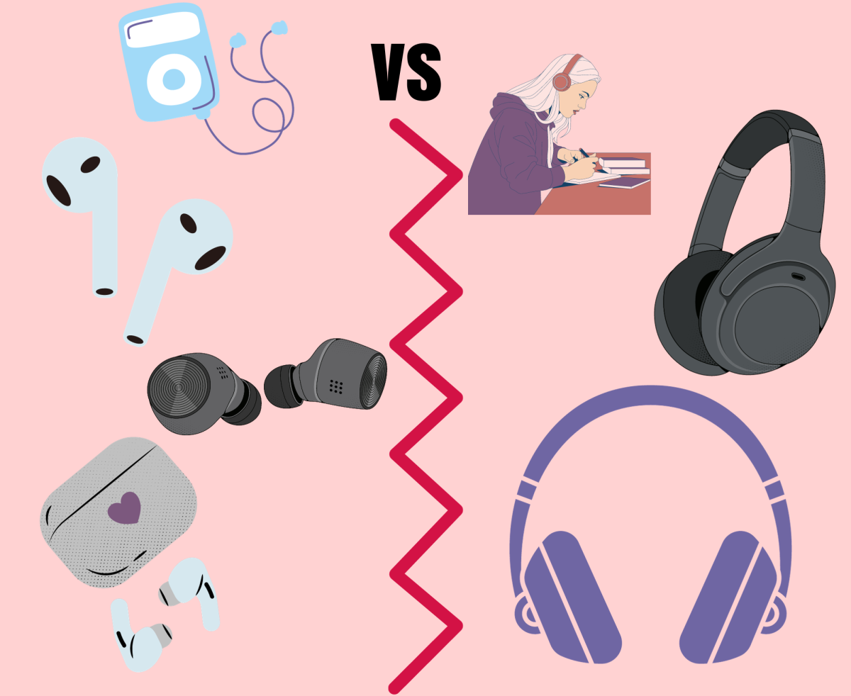 Castilleja+students+discuss+the+pros+and+cons+of+earbuds+v.s.+over-ear+headphones.