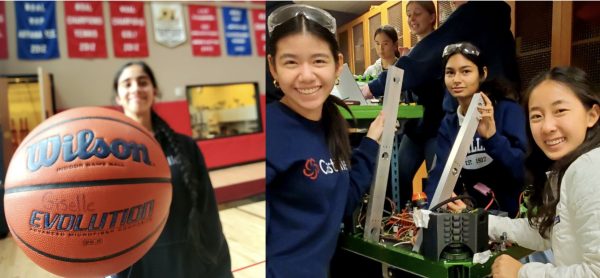 Left: Kirat Kaur holding a basketball and Right: Gatorbotics Build Team working on their projects.